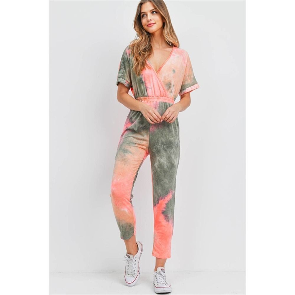 Jumpsuit One Piece Coral Olive Tie Dye‎ V-Neck Gathered Waist Size Large